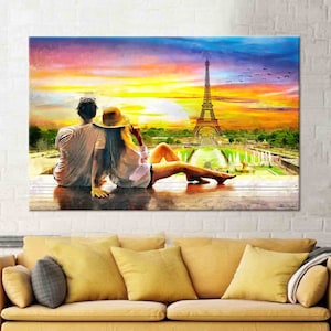Eiffel Tower Canvas Art: Romantic Paris Sunset Couple Painting