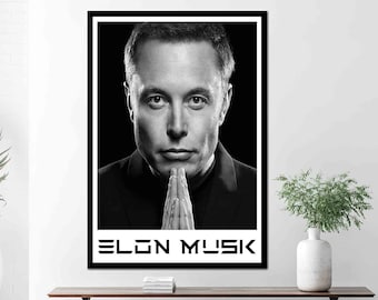 May include: Black and white portrait of Elon Musk with hands clasped in front of his face. The image is framed in black with the name "ELON MUSK" in white block letters at the bottom. The background is black.