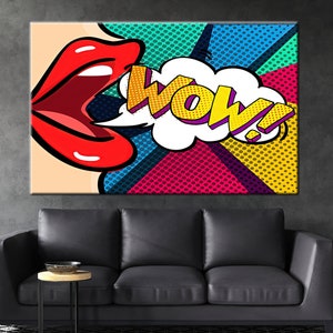 Red Lip Pop Art Canvas Print: Woman WOW Comic Style Wall Decor