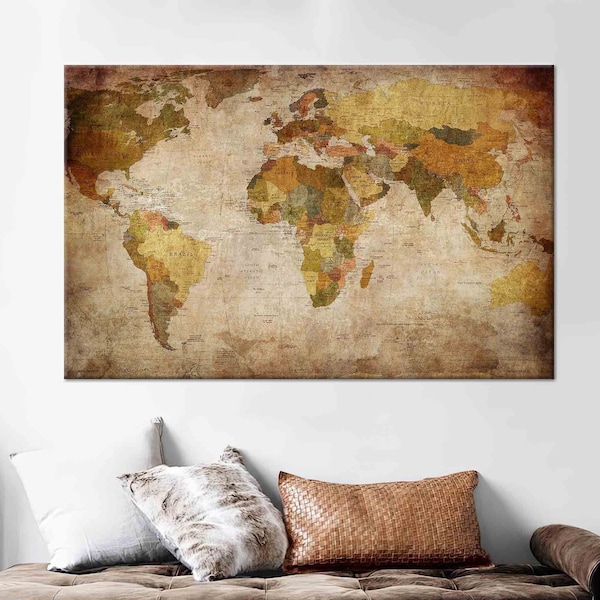 World Map Print, Map Wall Art, Map Canvas, World Map Poster, Map Painting, World Map Canvas, World Map Wall Art, Vintage Canvas, Vintage Map