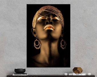 Gold African Woman, African Wall Art, Gold Print, Woman Wall Art, Gold Lip Woman Canvas, African Woman Canvas, Black Woman Canvas, Woman Art