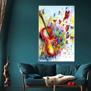 Violín y mariposas, arte mural colorido, lienzo de violín, arte mural de violín, póster de violín, póster colorido, pintura de violín, arte mural musical
