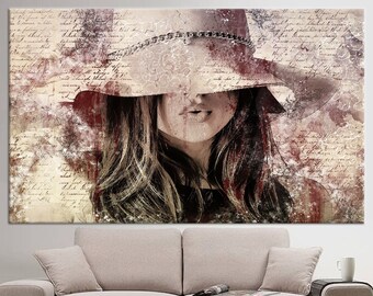 Toile Femme au chapeau : portrait de femme abstrait, oeuvre d'art murale moderne
