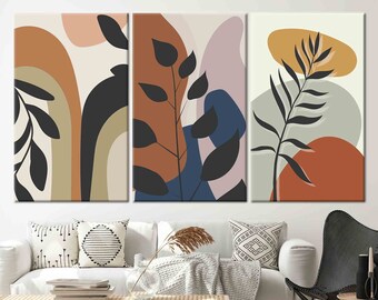 Boho Botanical Canvas Print Set, Abstract Leaf Wall Art