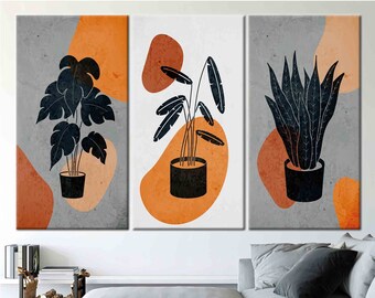 Boho Botanical Canvas Art: Terracotta Plant Prints, Modern Wall Decor