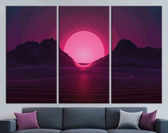 Sol rosa entre montanhas, arte de parede ao pôr do sol, paisagem ao pôr do sol, pôster ao pôr do sol, pintura abstrata do sol, paisagem abstrata, arte de parede com o sol.