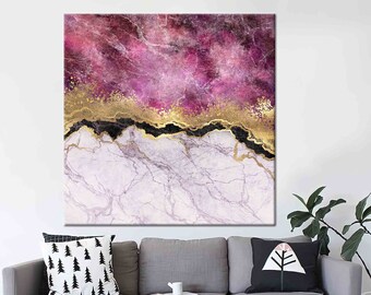 May include: Abstract canvas art featuring a blend of colors. The top portion showcases a vibrant pink and burgundy gradient, transitioning to a gold glitter band, and then a black line. The bottom half displays a marble-like pattern in white and gray.