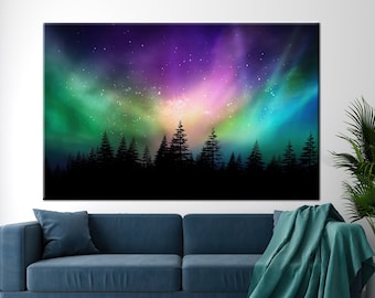 Aurora Borealis Canvas Print: Northern Lights Over Forest, Nature Wall Art