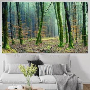 Lienzo de bosque brumoso, impresión de paisaje de bosque brumoso, póster de árbol con musgo verde, decoración de senderos naturales tranquilos
