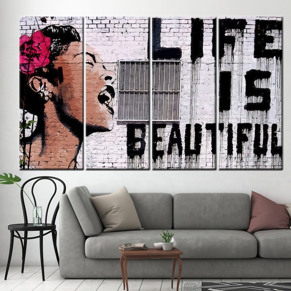 Life is Beautiful Leinwand, Banksy Life is Beautiful, Banksy Wandkunst, Banksy Leinwand, Banksy Wanddekor, Banksy Style, Graffiti Wandkunst,