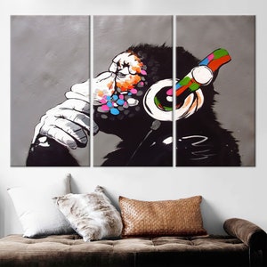 Banksy DJ Monkey Canvas Art: Colorful Animal Wall Decor