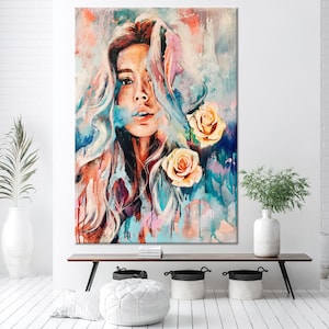 Woman And Roses, Girl Wall Art, Girl Canvas, Girl Poster, Woman Canvas, Woman Wall Art, Woman Poster, Watercolor Woman Art, Abstract Canvas,