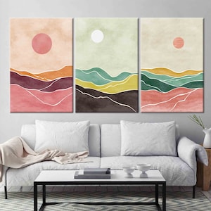 Boho Mountain Landscape Canvas Art: Abstract Sun & Moon Print