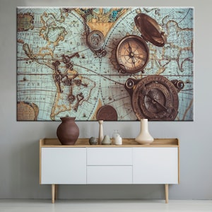 Vintage Weltkarte Weltkarte - Antiker Kompass und Navigations Kunst Druck auf Baumwollleinwand für Entdecker oder Nautische Wand Dekoration, Vintage Poster,