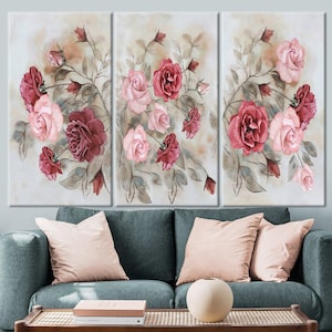 Rosas rojas y rosadas, arte de pared de rosas, póster de rosas, arte de pared de flores, decoración de pared floral, lienzo de flores, pintura de flores, arte de pared abstracto,