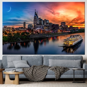 Nashville Sunset Canvas Art: Steamboat Cityscape, Tennessee Wall Decor