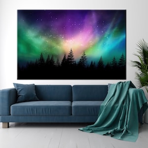 Aurora Borealis Leinwanddruck: Nordlichter über dem Wald, Natur Wandkunst