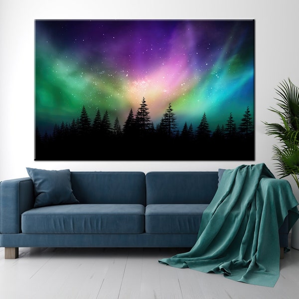 Aurora boreal auroras boreales sobre el bosque canadiense, arte de la pared de la aurora boreal, arte de la pared de la naturaleza, arte de la pared nocturna, arte de la pared del cielo estrellado,