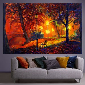 Lienzo abstracto de noche, lienzo de paisaje urbano nocturno, arte de pared colorido, impresión de pintura al óleo, lienzo de paisaje abstracto, arte de pared de otoño,