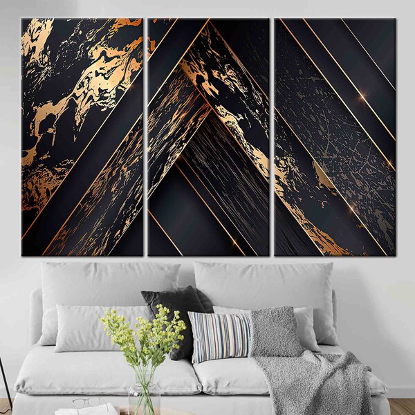 Black Gold Abstract Canvas Wall Art Etsy