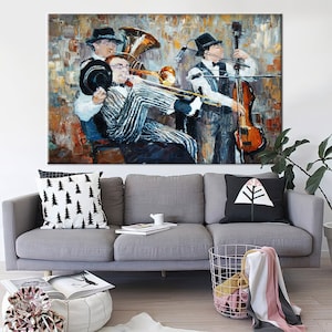 Jazz Band Leinwand Wandkunst, Vintage Musiker Malerei für Retro Wohnkultur, drei Musiker, Jazz Wandkunst, Jazz Leinwand, Jazz Poster