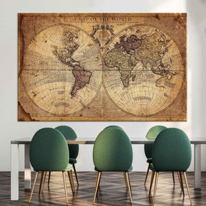 Antike Weltkarte Poster, rustikale Doppel Hemisphäre Kunstwerk auf Baumwoll Leinwand für Büro, Wohnzimmer oder Reise Themen Wand