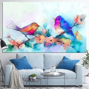 Dos pájaros lindos, lienzo de pájaros, arte de pared de pájaros, póster de pájaros, decoración de pared de pájaros, arte de pared de animales, lienzo de pintura de pájaros, lienzo abstracto de pájaros,