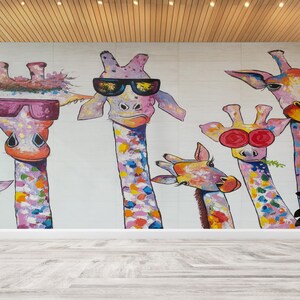 Póster de pared para guardería, manualidad de papel con animales, regalo para la casa, decoración de pared familiar de jirafas, arte de pared de jirafas, papel tapiz personalizado, arte de impresión 3D