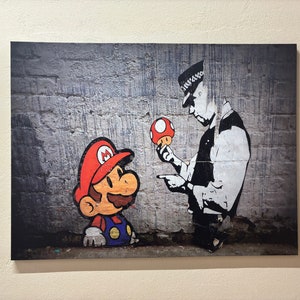 Super Mario, Super Mario Banksy, Arte en lienzo de Banksy, Arte mural de Banksy, Lienzo de grafiti, Arte callejero, Decoración de sala de juegos, Lienzo de Super Mario,
