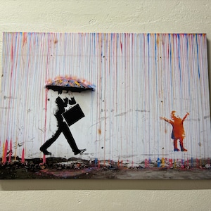 Banksy Farbe Regen Leinwand, Banksy Stil, Unter dem Regen Banksy, Banksy Regen Wanddekor, Banksy Graffiti Kunst, Banksy Bunter Regen Wandkunst,