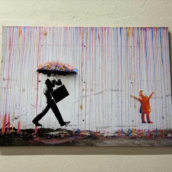 Banksy Color Rain Canvas, Banksy Style,  Under The Rain Banksy, Banksy Rain Wall Decor, Banksy Graffiti Art, Banksy Colorful Rain Wall Art,