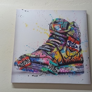 Graffiti Sneaker Canvas – Colorful Street Art Style Shoe Print on Cotton Canvas for Modern Urban Wall Decor and Trendy Spaces