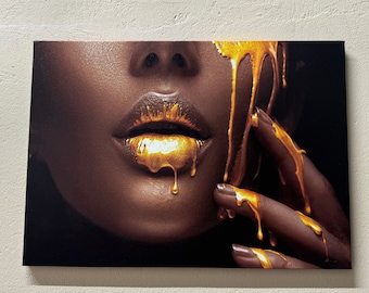 African Woman Gold Lips Canvas Art: 3D Wall Decor