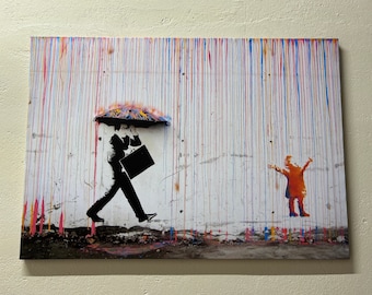 Banksy Colorful Rain Canvas Print: Graffiti Wall Art