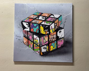 Rubiks Cube Grafftii Printing, Colorful Wall Decor, Graffiti Artwork, Game Room Canvas Art, Modern Graffiti Wall Art, Cube Graffiti Canvas,