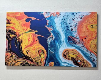 Impresión abstracta en lienzo naranja y azul: arte mural colorido
