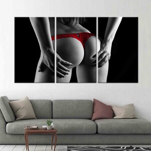 Red Underwear Canvas Print, Erotic Wall Art, Nude Wall Art, Nude Canvas, Sexy Woman Wall Art, Sexy Canvas, Erotic Canvas, Mature Set of 3 Panels