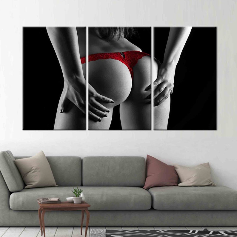 Red Underwear Canvas Print, Erotic Wall Art, Nude Wall Art, Nude Canvas, Sexy Woman Wall Art, Sexy Canvas, Erotic Canvas, Mature Set of 3 Panels