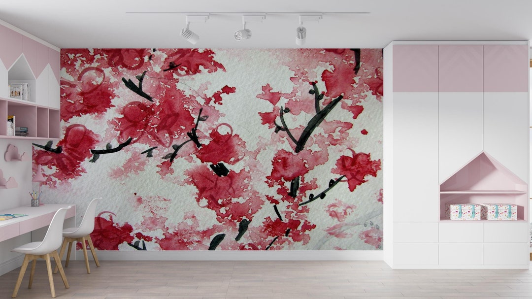 Red Cherry Blossom Wall Mural: Japanese Floral Wallpaper - Etsy