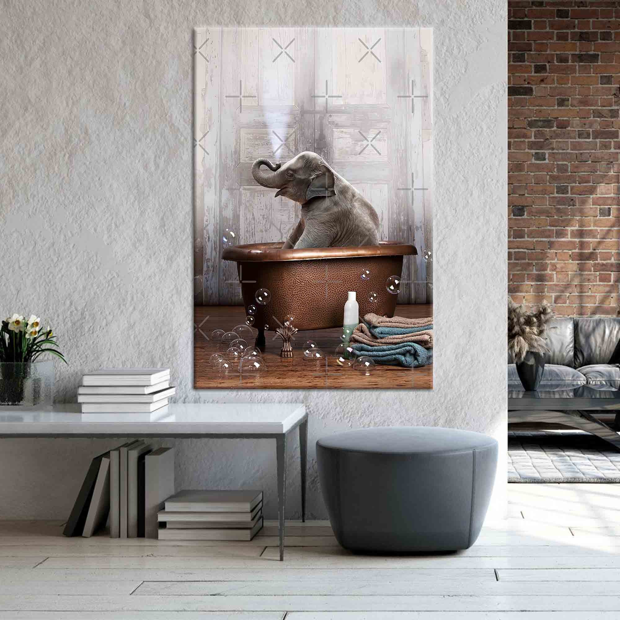 Elephant in Blue Bathtub Elephant Canvas Elephant Wall - Etsy