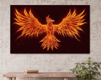May include: A canvas print featuring a fiery phoenix with outstretched wings. The artwork showcases the bird in shades of orange and yellow against a dark red background. The phoenix is depicted with intricate flame-like details, creating a dynamic and vibrant image.