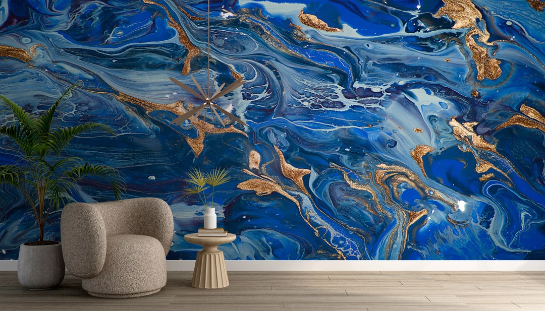 Custom Wall Paper Modern Wall Paper Blue Marble Wall Art Etsy