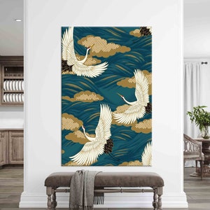 Arte de pared para decoración del hogar, lienzo personalizado, arte de pared enmarcado, impresión en lienzo de pájaros grulla, arte japonés de pájaros grulla, lienzo de arte japonés,