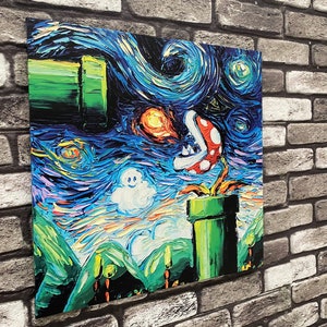 La noche estrellada de Mario Bros, póster de Mario World Gogh, obra de arte de Van Gogh, lienzo de Mario World, arte abstracto de Mario, lienzo de Super Mario, arte de Van Gogh