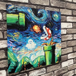 Mario Bros Starry Night, Mario World Gogh Poster, Van Gogh Artwork, Mario World Canvas, Mario Abstract Art, Super Mario Canvas, Van Gogh Art