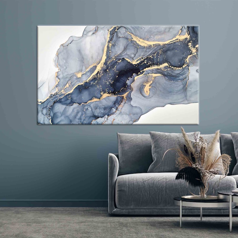 Blauer Marmor Leinwand: Abstrakte Goldadern, Luxusdekor