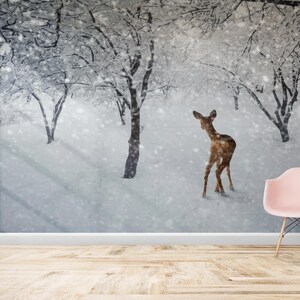 Papercraft 3D, Bauernhaus Wandbild, Reh Wandkunst, 3D Wallpaper, Winter Landschaft Wandbild, Tier Wand Poster, 3D Papier Wandkunst,