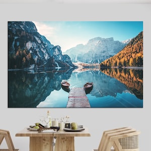 Boats on the Braies Lake in Dolomites Mountains, Personalized Gifts, Large Wall Art, Framed Wall Art, Mountain View Canvas Print,