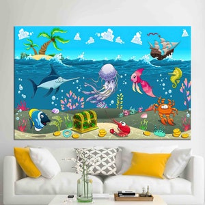 Custom Wall Hanging, Undersea World, Personalized Gifts, Living Room Wall Art, Children Printed, Kids Canvas Art, Colorful Artwork,