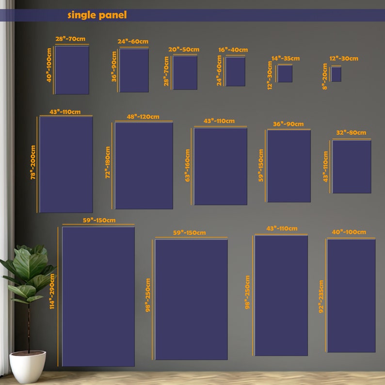 May include: A chart showing different sizes of single panel canvas prints. The chart shows the dimensions in inches and centimetres. The chart is on a grey background.